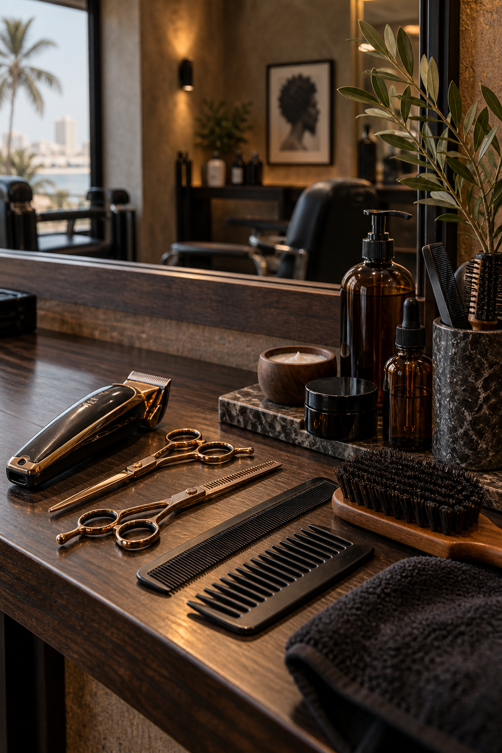 Outils de coiffure et produits de soin sur le comptoir du studio Kora