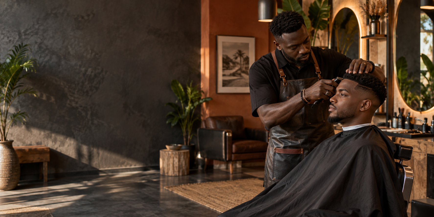 Barbier et client dans un studio de coiffure créative à Dakar